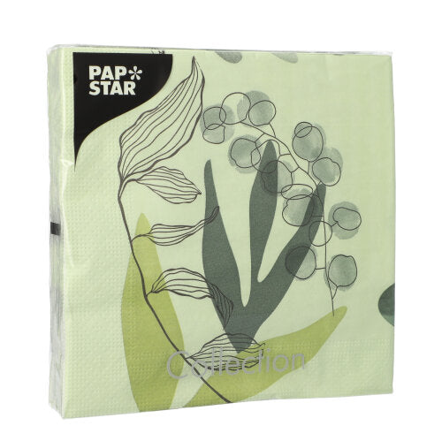 Eine Packung mit 20 PAPSTAR GmbH 3-lagigen Servietten, 33x33 cm, Design Set 3 mit einem schwarz-weißen Blumenmuster auf hellgrün. Mit dem PAP STAR-Logo in der linken oberen Ecke. Weich und strapazierfähig.