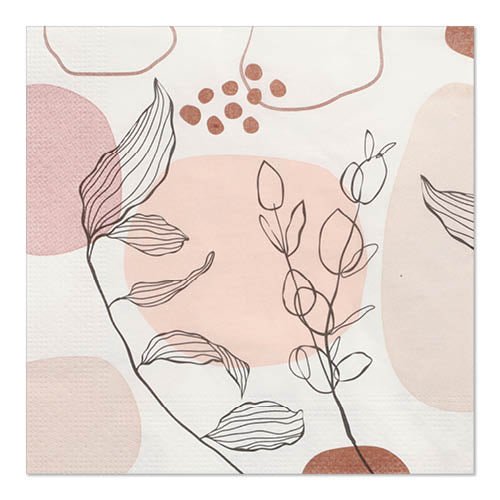 PAPSTAR 20 servietter, 33 x 33 cm, 3-lags, Sæt 5 fra PAPSTAR GmbH viser abstrakte former i rosa og beige med sorte bladmotiver, der tilbydes i en praktisk 20-pak.
