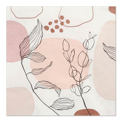 PAPSTAR 20 servietter, 33 x 33 cm, 3-lags, Sæt 5 fra PAPSTAR GmbH viser abstrakte former i rosa og beige med sorte bladmotiver, der tilbydes i en praktisk 20-pak.