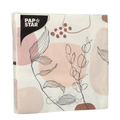 PAPSTAR GmbH 20 servietter, 33x33cm, 3-lags, i det abstrakte Design Sæt 5 med beige-pink former og sorte blad- og bærtegninger. Servietterne er pakket i klar plastik.