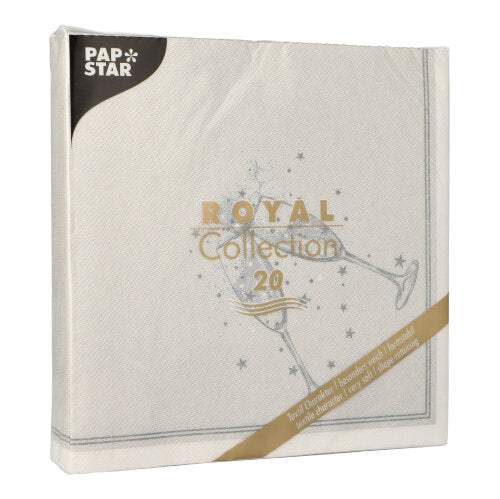 De PAPSTAR GmbH 20 servietter "ROYAL Collection" (1/4-fold, 40x40cm) kommer i en kvadratisk hvid pakke med minimalistisk champagneglas-design - perfekt til en stilfuld borddekoration.