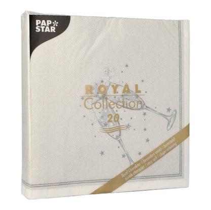 De PAPSTAR GmbH 20 servietter "ROYAL Collection" (1/4-fold, 40x40cm) kommer i en kvadratisk hvid pakke med minimalistisk champagneglas-design - perfekt til en stilfuld borddekoration.