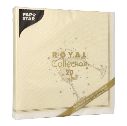 En pakke PAPSTAR 20 servietter "ROYAL Collection" 1/4-fold (40x40 cm) fra PAPSTAR GmbH, cremefarvet med gyldent champagneglas- og stjernedesign, kendetegnet ved en for det meste gennemsigtig emballage med FSC-certificeret mærkning.