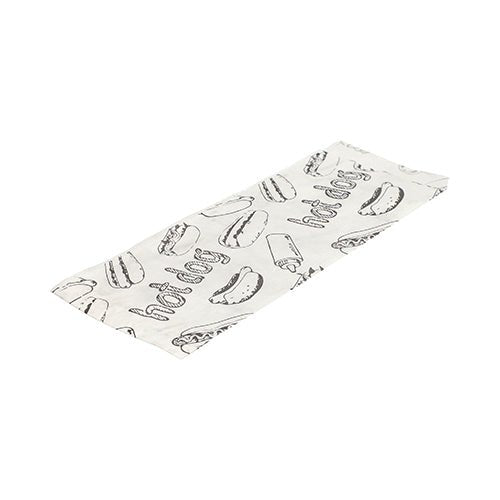 Afbildet er en flad, hvid PAPSTAR Hot Dog-papirindpakning (21x8,5 cm) med sort Hot Dog-stregtegning og "Hot Dog"-tekst fra 1000-pakningen af PAPSTAR GmbH på hvid baggrund.