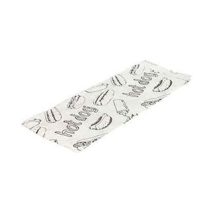 Afbildet er en flad, hvid PAPSTAR Hot Dog-papirindpakning (21x8,5 cm) med sort Hot Dog-stregtegning og "Hot Dog"-tekst fra 1000-pakningen af PAPSTAR GmbH på hvid baggrund.