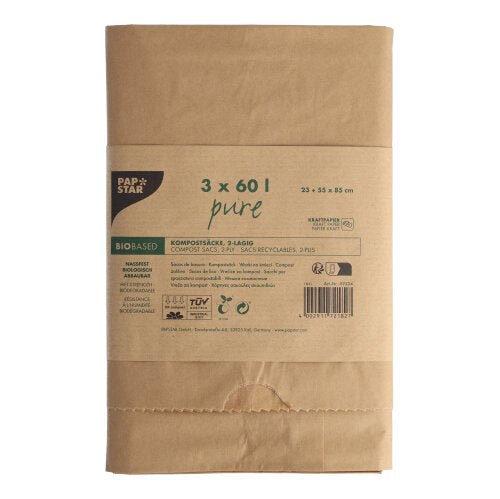 Afbildet er en 3-pak PAPSTAR kompostsække af papir "pure", 60 l, 2-lags, brun med banderole og trykte produktinformationer/genbrugssymboler fra PAPSTAR GmbH mod hvid baggrund. Hver papirsæk kan rumme op til 60 liter bioaffald.
