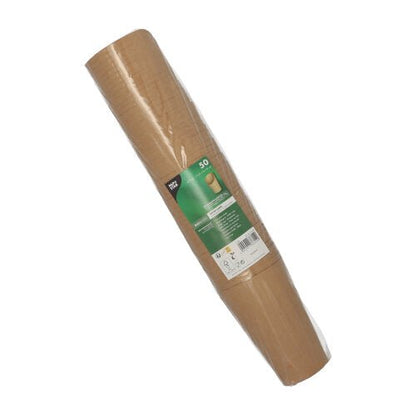Et rullet ark af brunt kraftpapir, indpakket i folie, med en grøn-hvid etiket fra PAPSTAR GmbH – perfekt til at lave miljøvenlige Wrap Cups af pap eller til fester og arrangementer. Produkt: PAPSTAR 50 Wrap Cups, brun pap.