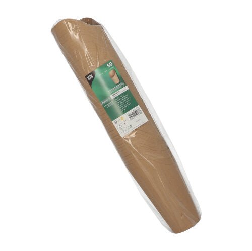 En rulle med 50 PAPSTAR Wrap Cups, brun pap fra PAPSTAR GmbH, ideel til miljøvenlige Wrap Cups ved fester og arrangementer, delvist indpakket i gennemsigtig folie med en grøn-hvid informationsetiket på forsiden.