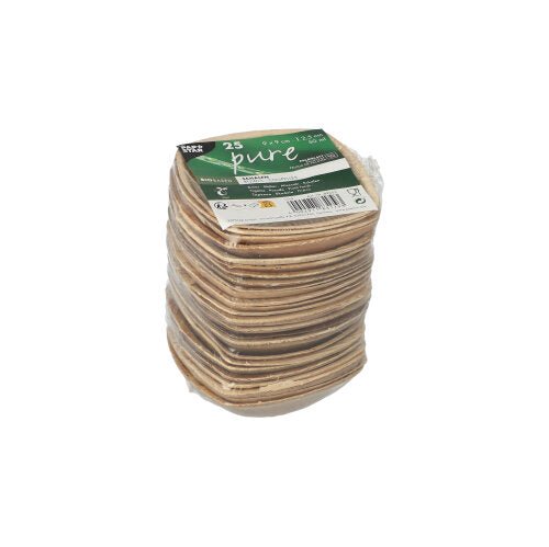 En stabel kvadratiske, naturlige palmebladsskåle fra mærket PAPSTAR GmbH er pakket ind i plastik. En grøn-hvid etiket øverst angiver: PAPSTAR 25 skåle palmeblad „pure“ „QUADRATO“ natur.