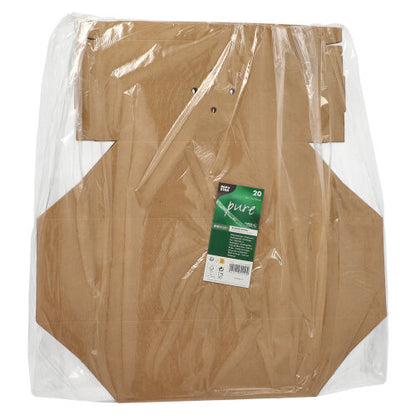 Ein Stapel flacher, brauner PAPSTAR 20 Burgerboxen, Pappe „pure“ der PAPSTAR GmbH ist in Klarsichtfolie eingewickelt und trägt auf der Vorderseite ein grün-weißes Etikett mit Produktinformationen.
