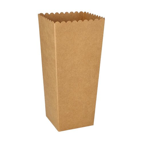 De PAPSTAR popcornkasser firkantede, brune (19,7x7x7 cm, 100 stykker) fra PAPSTAR GmbH står oprejst på hvid baggrund - ideel til den næste biografaften.