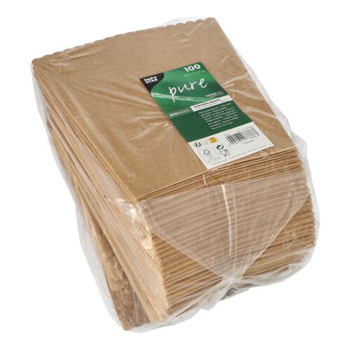 En stak brune PAPSTAR popcornkasser (19,7x7x7 cm, 100 stykker) er pakket i gennemsigtig plastik med en grøn-hvid etiket - ideel til den næste biografaften.