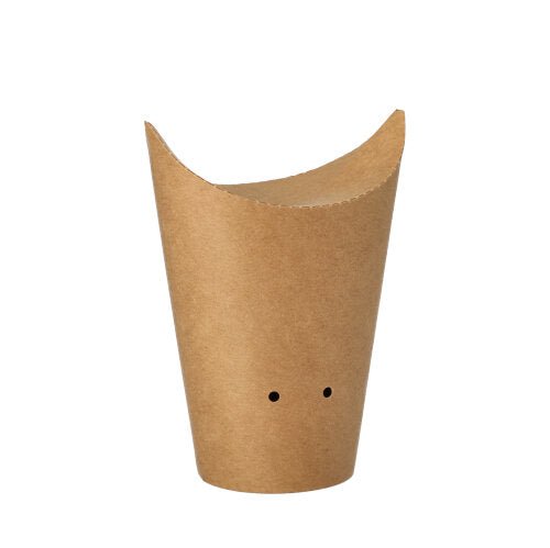 Den PAPSTAR 50 pommes frites-holder af brun pap (Ø 6 cm) fra PAPSTAR GmbH er biologisk nedbrydelig, rundformet, med yderligere åbning og to små huller i bunden – præsenteret foran hvid baggrund.