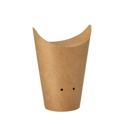 Den PAPSTAR 50 pommes frites-holder af brun pap (Ø 6 cm) fra PAPSTAR GmbH er biologisk nedbrydelig, rundformet, med yderligere åbning og to små huller i bunden – præsenteret foran hvid baggrund.
