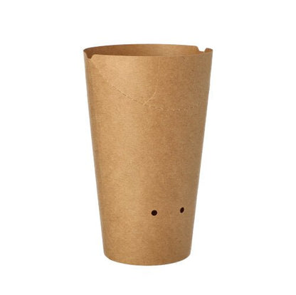 Den PAPSTAR 50 pommes frites-holder, en rund brun papbeholder (Ø 6 cm) fra PAPSTAR GmbH, med hvælvet øvre kant og to små huller i den nedre del, fotograferet foran hvid baggrund.