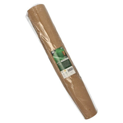 En PAPSTAR 50 pommes frites-holder (rund, Ø 6 cm, brun) fra PAPSTAR GmbH er afbildet diagonalt på hvid baggrund, indpakket i folie med en grøn-hvid etiket med tekst og ikoner.