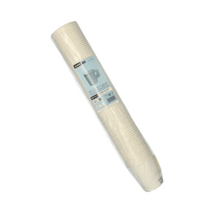 En forseglet pakke med 80 hvide Starpak-engangspapkrus med hank (drikkekrus, pap med hank) leveres stablet med en blå etiket med produktdetaljer og en krusillustration – ideel til fester.