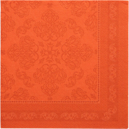 Die PAPSTAR 50 Servietten "ROYAL Collection" 1/4-Falz, 40 x 40 cm in nektarine, mit geprägtem Blumenmuster und dekorativem Rand - ideal, um Ihrem gedeckten Tisch Eleganz zu verleihen.