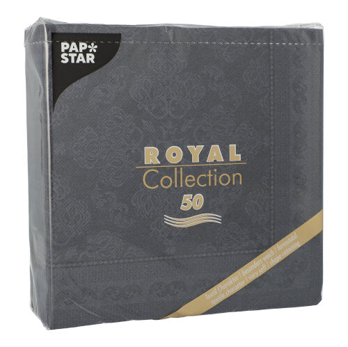 En forseglet pakke med 50 sorte PAPSTAR "ROYAL Collection" servietter (40 x 40 cm, 1/4-foldning) fra PAPSTAR GmbH, med elegant, diskret mønster og varemærke i det øverste venstre hjørne.