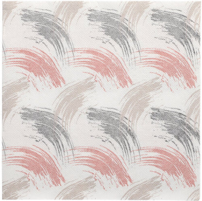 Eine quadratische Fläche mit einem sich wiederholenden Muster aus geschwungenen Pinselstrichen in Grau, Beige und Korallenrosa auf Weiß, inspiriert von PAPSTAR 50 Servietten "ROYAL Collection" 1/4-Falz 40 x 40 cm terracotta der PAPSTAR GmbH.