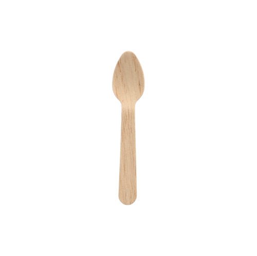 En PAPSTAR kaffeskef i træ "pure", 11 cm, fra PAPSTAR GmbH ligger midt på hvid baggrund og fremhæver det miljøvenlige, enkle design. Emballage: Foldet kasse med 10 stykker.