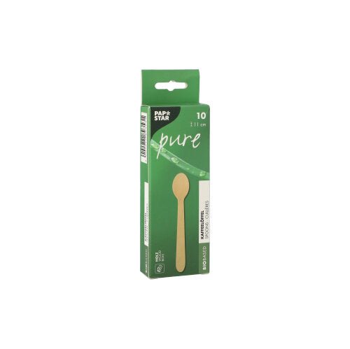 En grøn æske med teksten "PAPSTAR kaffeskef i træ 'pure', 11 cm, miljøvenlig" fra PAPSTAR GmbH indeholder 10 miljøvenlige kaffeskef, med ske-illustration og produktinformation på emballagen.
