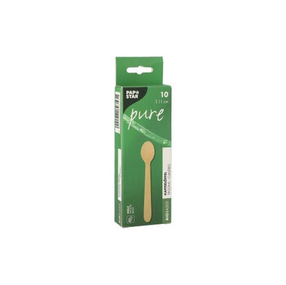 En grøn æske med teksten "PAPSTAR kaffeskef i træ 'pure', 11 cm, miljøvenlig" fra PAPSTAR GmbH indeholder 10 miljøvenlige kaffeskef, med ske-illustration og produktinformation på emballagen.