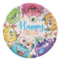 Der 10er Teller, Pappe rund Ø 23 cm der PAPSTAR GmbH zeigt farbenfrohe Cartoon-Monster mit Partyhüten und „Happy Birthday“ in der Mitte – ideal für Partys und Feiern.