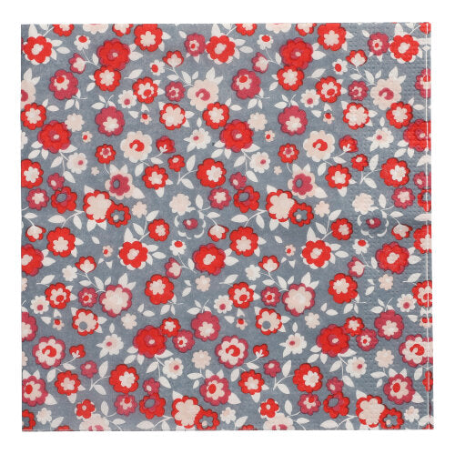 Die PAPSTAR GmbH 20 Servietten aus dem Design Set 3 sind 33x33 cm groß, 3-lagig, quadratisch, grau unterlegt und mit einem rot-weiß-rosa Blumen-Blätter-Muster versehen.