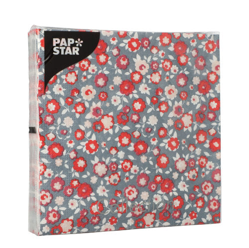 Eine Packung PAPSTAR GmbH 20 Servietten, 33 cm x 33 cm, 3-lagig, 1/4-Falz, Design Set 3 Servietten mit blauem Hintergrund und rot, weiß, rosa Blumenmuster in klarer Kunststoffverpackung.