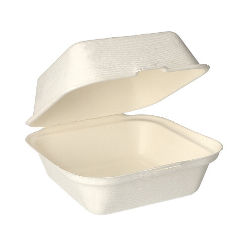 En hvid, rektangulær PAPSTAR hamburgerboks af sukkerrør (8x14x15 cm), miljøvenlig, med klaplåg fra PAPSTAR GmbH (karton: 500 stykker), vist åben og tom mod hvid baggrund.