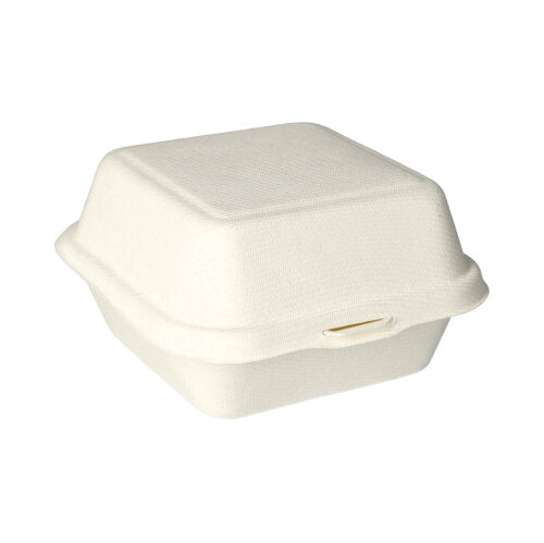 De PAPSTAR hamburgerbokse af sukkerrør (8x14x15 cm, 500 stykker) fra PAPSTAR GmbH er miljøvenlige takeaway-beholdere lavet af lysformet fiber, ideelle til bæredygtig emballage.