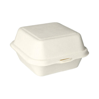 De PAPSTAR hamburgerbokse af sukkerrør (8x14x15 cm, 500 stykker) fra PAPSTAR GmbH er miljøvenlige takeaway-beholdere lavet af lysformet fiber, ideelle til bæredygtig emballage.