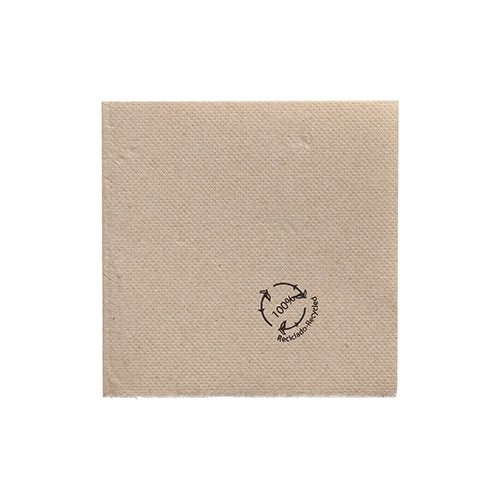 De PAPSTAR servietter 1/4-fold, 20x20 cm natur lavet af genbrugspapir (100 stykker) fra PAPSTAR GmbH er en brun, genbrugssserviet med sort "100% Recycled"-stempel og genbrugssymbol på hvid baggrund.
