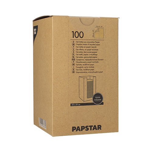 En brun æske med teksten "PAPSTAR GmbH" indeholder 100 PAPSTAR servietter 1/4-fold lavet af genbrugspapir, 20x20 cm natur, med flersproget tekst og en enkel servietstabel-illustration på æsken.