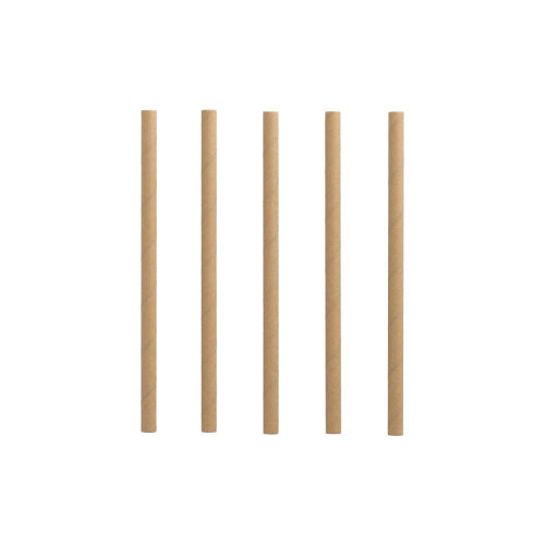 Fem brune PAPSTAR 500 cocktail sugerør (papir, Ø 7 mm, 15 cm) fra PAPSTAR GmbH står oprejst i en række foran en enkel hvid baggrund.