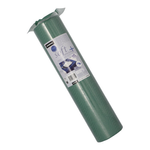 En oprullet Starpak-bordløber (stoflignende, fleece "Soft Selection Plus", 24 m x 40 cm) med udførlig etiket står oprejst foran en hvid baggrund. Den premium bordløber er ideel til særlige lejligheder.