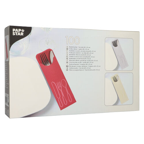 En æske med 100 PAPSTAR bestiklomme (23,5 x 7,3 cm) med farvede bistroservietter, hver med bestiklommer – ideel til gastronomiområdet; fra PAPSTAR GmbH.