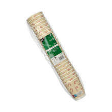 25 PAPSTAR drikkekopper "Candy Canes" (0,2 l, Ø 8 cm), cremefarvede, dobbeltvæggede kopper med rødt sukkerstokmotiv fra PAPSTAR GmbH i en plastemballage; produktoplysningerne er synlige på den grønne etiket.