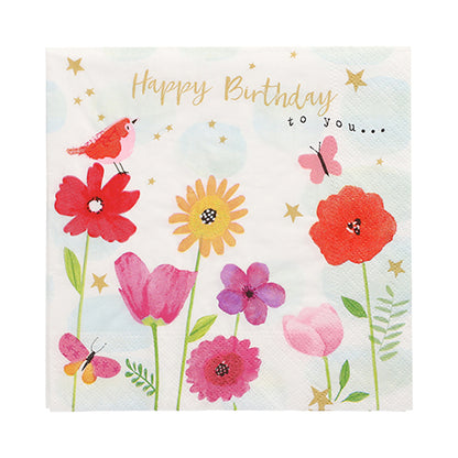 Die Servietten PAPSTAR 20 Servietten 33x33 cm von PAPSTAR GmbH zeigen ein florales und festliches Design mit einem roten Vogel, Schmetterlingen, goldenen Sternen und dem Text "Happy Birthday to you..." auf weißem Hintergrund.