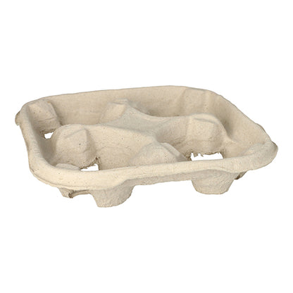En PAPSTAR GmbH bærebakke "To Go" lavet af naturfarvet pap (4,7x22,4 cm) til kopper, vist let skråt på hvid baggrund med fire fordybninger (110 stykker pr. pakke).