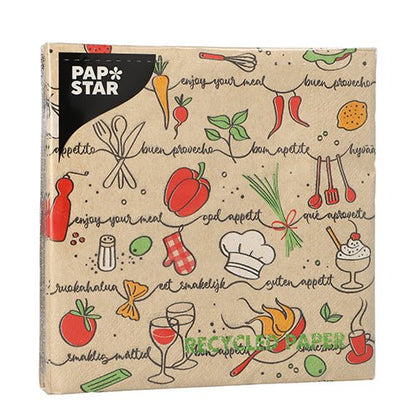 PAPSTAR GmbH 20 servietter, 33x33 cm, 3-lags, 1/4-foldet natur: Stilfulde servietter af genbrugspapir med håndtegnede madillustrationer og "Enjoy your meal" på mange sprog på brun baggrund - perfekt til naturlige madoplevelser.