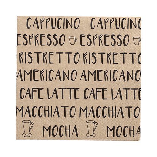 De 20 servietter fra PAPSTAR GmbH (33x33 cm, 3-lags, 1/4-foldet, natur) er forsynet med sort kaffetekst og kopmotiver - stilfulde servietter til caféer og kaffelskere.