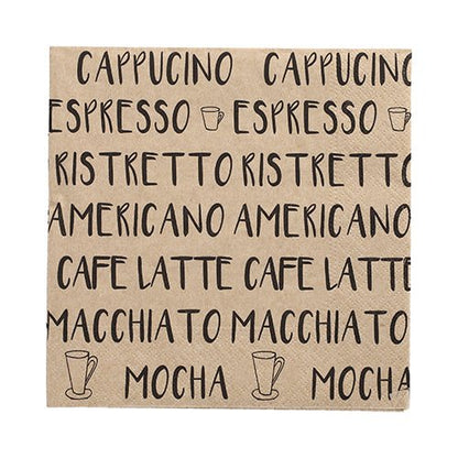 De 20 servietter fra PAPSTAR GmbH (33x33 cm, 3-lags, 1/4-foldet, natur) er forsynet med sort kaffetekst og kopmotiver - stilfulde servietter til caféer og kaffelskere.