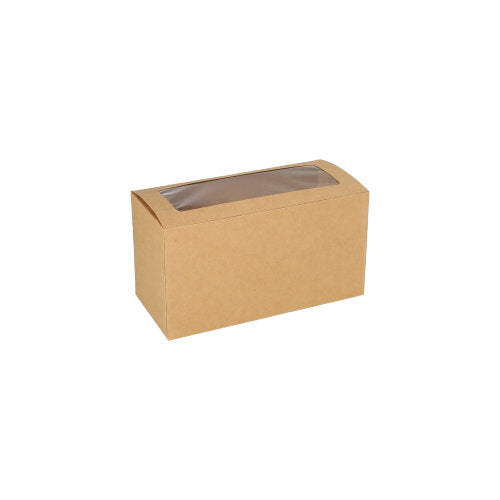 Der PAPSTAR 25 Cupcake-Karton, eckig (10 cm) aus braunem Karton mit Sichtfenster aus PLA von PAPSTAR GmbH, ist biologisch abbaubar und wird vor weißem Hintergrund gezeigt.
