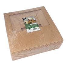 Ein Stapel PAPSTAR 25 Cupcake-Kartons eckig 10 cm mit Sichtfenster aus PLA von PAPSTAR GmbH ist in Plastik verpackt; Obenauf liegt ein Produktlabel mit Bildern und Text.