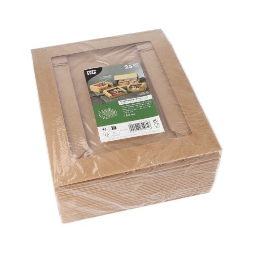 En stak af 25 PAPSTAR kagekartoner med låg firkantet med PLA-sigtvindue fra PAPSTAR GmbH, pakket i folie, med etiket ovenpå, der viser produktinformationer og anvendelsesbilleder.