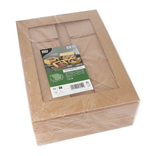 En pakke med 25 PAPSTAR kageæsker med firkantet låg med PLA-vindue fra PAPSTAR GmbH, indpakket i plastikfolie og forsynet med en grøn-hvid etiket med billeder af de samlede æsker.
