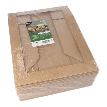En stak PAPSTAR 25 kagekartoner med låg, firkantet med sigtvindue af PLA fra PAPSTAR GmbH, miljøvenlig og pakket i folie. Øverst en grøn-hvid produktetiket med billeder og tekst.