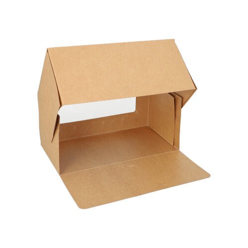 En PAPSTAR GmbH kageæske: brun, firkantet, med låg og PLA-vindue, lavet af karton. Pakken indeholder 25 stk. Æsken er afbildet på en hvid baggrund med åbent låg.